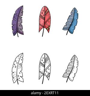 A set of doodle illustrations of bright cartoon feathers. A set of elements for the design. Stock Vector