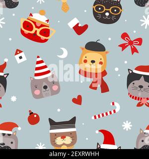 Christmas cats seamless pattern. Cute kittens in santa hats, warm headwear and glasses. Happy xmas pets vector wrapping texture. Pattern cat in hat, christmas cartoon animal illustration Stock Vector