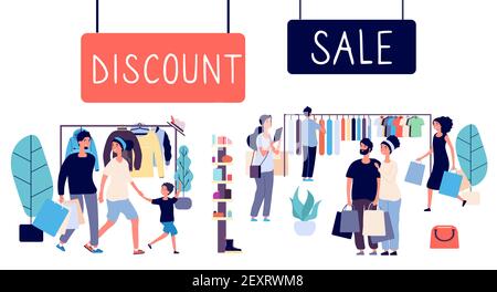 Open sale. Shopping people, discount mall. Flat men, women, family with shopping bags. Sale vector concept. Discount and sale shopping illustration Stock Vector