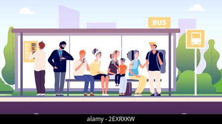 People at bus stop. City community transport, passengers waiting the buses standing together, urban public traffic cartoon vector concept. Illustration city bus stop for urban transport Stock Vector