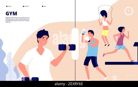 Gym landing. People doing fitness exercises, cardio training and weight lifting in gym. Online vector workout web page template. Illustration exercise and training in gym workout activity Stock Vector