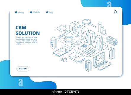 Crm concept. Online customer relationship management. Marketing system solution. Business client support. Isometric landing page. Crm management, relationship with customer, analysis illustration Stock Vector