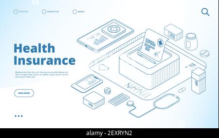 Health insurance landing. Healthcare personal plan, family medical life insurance. Save money doctor receipt isometric vector concept. Insurance health page landing, medical healthcare illustration Stock Vector