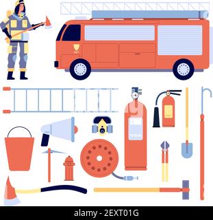 Fireman and equipment. Professional rescue gear, firefighter uniform, extinguisher and hydrant. Glove helmet and truck, ladder vector set. Illustration professional firefighter and safety equipment Stock Vector