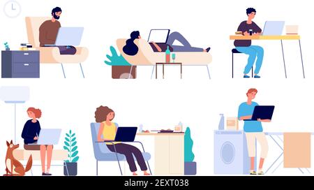 People surfing internet. Man and woman online with gadget, laptop. Guys spend time in internet shopping and chatting vector flat set. Illustration surfing networking, using web chatting communication Stock Vector