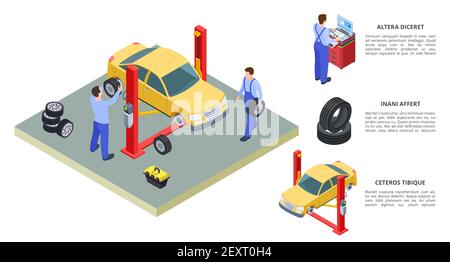 Car service concept. Vector venicle and tire service isometric illustration. Technicians repair cars with auto industrial equipment. Car auto repair in garage industry, diagnostics service station Stock Vector