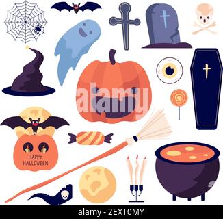 Halloween set. Spider web and pumpkin, bat and coffin, grave and moon, broom and skull, sweets and candle vector isolated collection. Illustration spider halloween, bat and broom Stock Vector