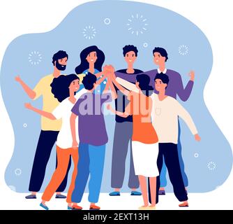 Friends doing high five. Big people team doing high five together, happy friend group, informal greeting, command motivation vector concept. Illustration people friendship high five Stock Vector