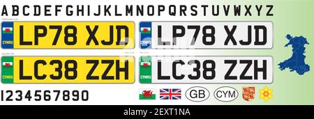 Wales car license plate, letters, numbers and symbols, vector illustration, United Kingdom Stock Vector