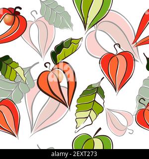 Vector seamless background with physalis, berries and leaves isolated on white background. Winter cherry, cape gooseberry. Floral pattern, Flat design Stock Vector