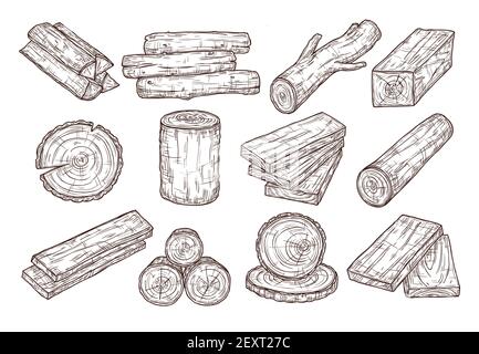 Hand drawn lumber. Sketch wood logs, trunk and planks. Stacked tree branches, forestry construction material vintage vector set. Illustration trunk and timber log, firewood and hardwood Stock Vector