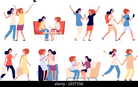 Female friendship. Women friend together, girls activity. Smiling people at cafe and walking, dance and make selfie. Sisterhood vector set. Illustration friendship female group, character together Stock Vector