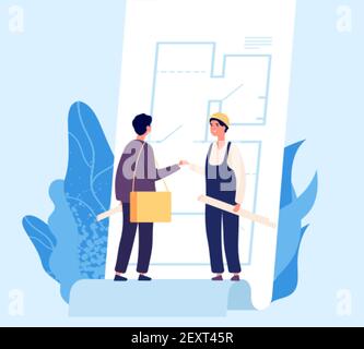 Agreement concept. Vector architect and builder shake hands. Illustration of design and construction contract. Architect agreement, worker in helmet Stock Vector