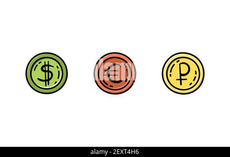 A set of coins in the doodle style. Euro, dollar, ruble. Money. Stock Vector