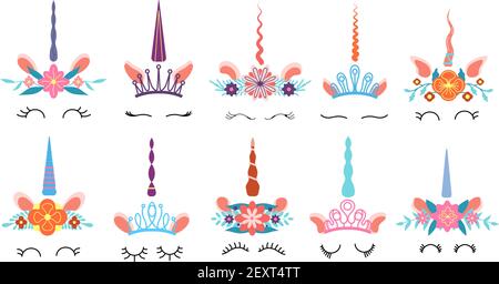 Unicorn face. Different cute funny unicorns heads with magic horn and rainbow flower wreath and eyelashes. Colorful kids vector set. Illustration unicorn magic, head magical Stock Vector