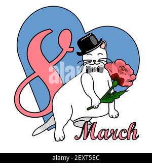 8 March greeting card with a cat and flower Stock Vector