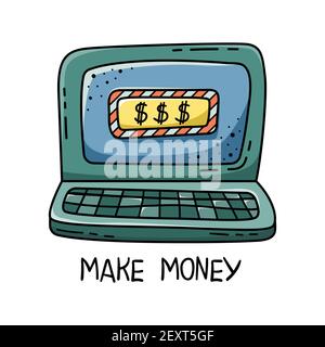 Doodle of illustrations of making money on the Internet. A laptop for work. Freelance. Stock Vector