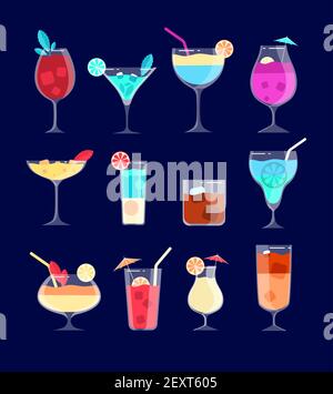 Cocktail set. Iced alcohol drinks in glasses with straw, lemon. Caipirinha, whiskey and mojito, pina colada cocktail vector bar drinks. Cocktail alcohol, whiskey and refreshment drink illustration Stock Vector