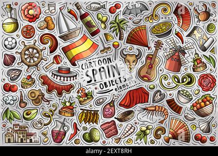 Colorful vector hand drawn doodle cartoon set of Spain theme items, objects and symbols Stock Vector