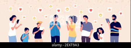 People chatting online. Adult and kids with gadgets in social media always adding followers. Internet addiction vector concept. Illustration online woman, man and kids with device Stock Vector