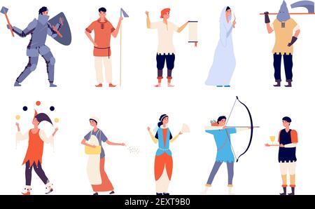 Fairy tale characters. Fairy and knight, court lady and executioner, archer and king, warrior and joker medieval cartoon vector set. Illustration historical character fairytale, majesty and knight Stock Vector