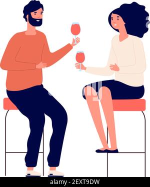 Drinking couple. Man and woman drink wine and make toast in pub. Romantic date vector cartoon concept. Couple love celebration with wine illustration Stock Vector