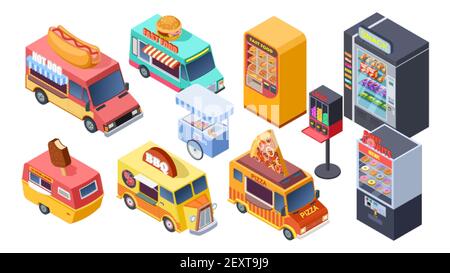 Fast food sale. Isometric vending machine, street food trucks and carts. Selling hot dogs pizza snacks. 3d isolated vector set. Illustration street food, fast delivery truck collection Stock Vector