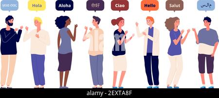 Greeting in native languages. International multiracial friends speech hello. Foreign language, women men greet each other vector concept. Illustration native language speech hello Stock Vector