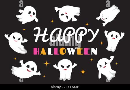 Cute ghosts. Flat ghost vector character. Happy Halloween background. Illustration halloween spooky ghost, holiday horror creature Stock Vector
