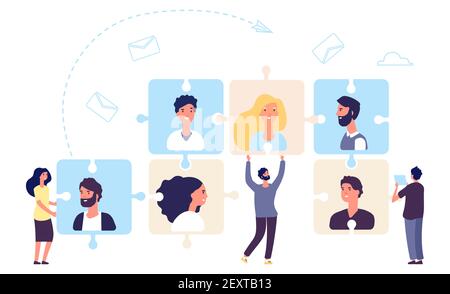 HR concept. Teamwork, business team making. Recruiting vector illustration with tiny flat people characters and puzzle with employees. Hr and recruitment, management select personnel Stock Vector