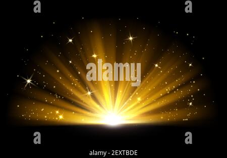 Light effect. Vector shining golden bright light. Gold shine burst with sparkles illustration isolated on black background. Light effect glow, bright gold shine Stock Vector