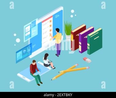 Online survey concept. Isometric people evaluate services on laptop, tablet and smartphone screens. Vector 3d people and gadgets. Illustration feedback survey online, customer rating review Stock Vector