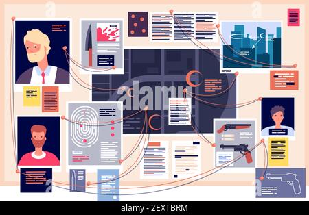 Detective board. Investigation dashboard with pinned photos, newspapers and note. Detectives evidence, research scheme vector concept. Illustration of crime detective, investigation and search Stock Vector