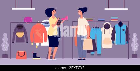 Personal shopper. Shop assistant, fashion stylist vector illustration. Flat women characters. Fashion store and female buyers with shopping bags. Shopper personal, clothing and shoes Stock Vector
