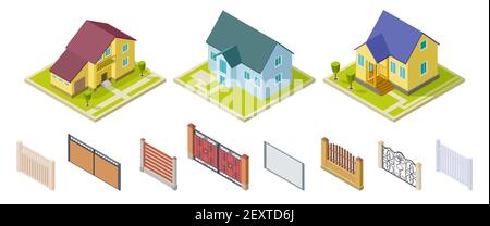 Rural houses and fences. Isolated outdoor design elements. Isometric buildings and gates vector set. Rural building and architecture construction 3d house illustration Stock Vector