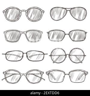 Sketch sunglasses. Hand drawn eyeglass frames, doodle eyewear. Male and female glasses isolated fashion vector vintage set. Illustration sunglasses and eyeglasses sketch, fashion drawn Stock Vector