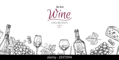 Sketch wine. Drawing drinks, grapes, bottles seamless border. Alcoholic banner with glasses and cheese, winery vector background. Wine drink drawing sketch, bottle and harvest illustration Stock Vector