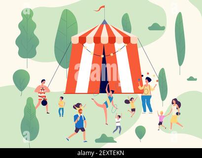 Travelling circus. Street performance shapito in park. Dancing acrobat juggling clown and athlete. Freak show and kids with parents vector illustration. Performance acrobat, amusement and performer Stock Vector