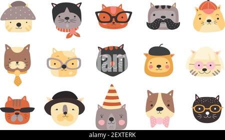 Cat heads. Cute cats muzzles with accessories, glasses and hats, bow tie and cap. Happy pets vector characters. Illustration kitten face and cat muzzle head Stock Vector