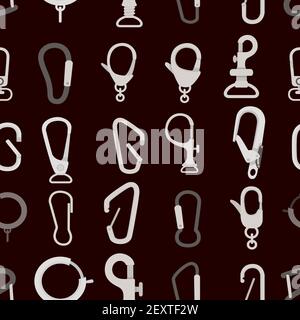 Seamless pattern of metal climbing carabiners and claw clasps alpine climbing equipment flat vector illustration on dark background Stock Vector