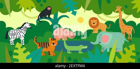 Jungle with animals. Zebra, monkey and hippo, tiger and crocodile, elephant  and lion, giraffe with tropical plants. Vector kids background. Jungle life  fauna, crocodile and hippo illustration Stock Vector Image & Art 