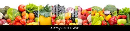 Wide photo of multi-colored fresh fruits and vegetables divided vertical lines isolated on white background Stock Photo