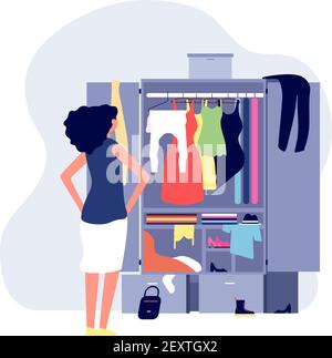 Opened wardrobe. Girl stand front closet. Stack clothes on floor, fashion problems and chaos. Organisation dressing vector illustration. Wardrobe with clothes, dress and clothing in open closet Stock Vector