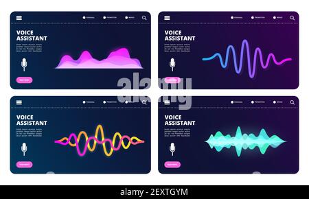 Audio assistant landing page. Vector voice personal assistant web banners with sound waves. Illustration voice assistant, audio digital recognition Stock Vector