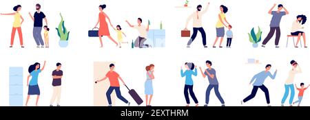 Family abuse. Angry people scolding, fight and suffering. Quarrel and violence, disregard feelings. Conflict relationships vector concept. Illustration woman and man quarrel, wife and husband with kid Stock Vector