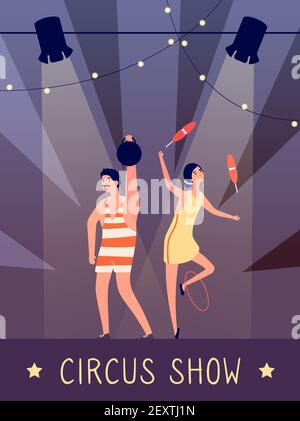 Circus show background. Strongman and juggler in spotlights on stage retro poster. Vintage kids birthday party vector flyer. Illustration show with circus artists poster Stock Vector