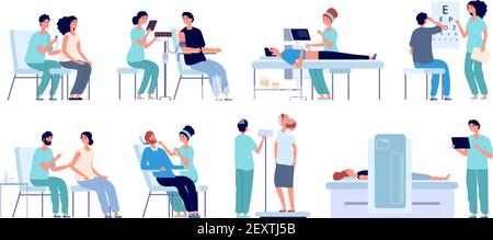 Medical check up. Doctor checking patient, eyes test and physical health. Hospital pre operation procedures. Male female checkup vector set. Medical doctor, patient diagnostic illustration Stock Vector