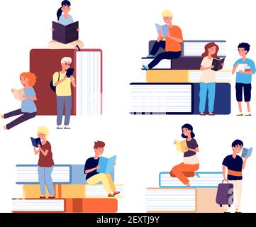 Children with books. Tiny school girls and boys with huge book. Kids with textbooks. Readers, education and learning vector concept. Illustration education boy and girl read school books Stock Vector