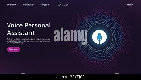 Voice assistant landing. Web page template with vector sound wave and microphone. Illustration voice assistant technology, microphone personal help Stock Vector