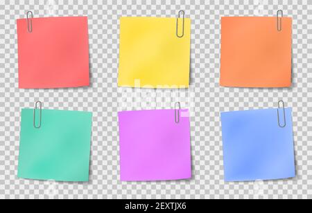 Note sticky. Color paper notes attached by metallic paper clips, information noticeboard, important memo message realistic vector set. Illustration paper note blank, colored sticky office paper Stock Vector